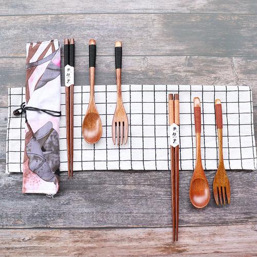 日式木勺木叉筷布袋套装 便捷外带学生餐具四件套批发